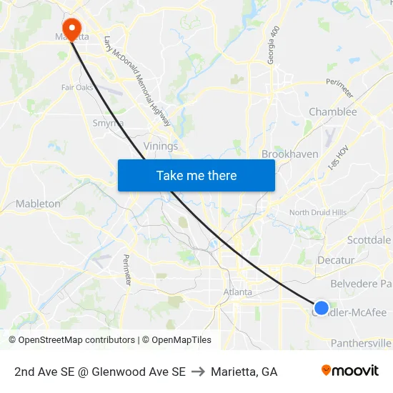 2nd Ave SE @ Glenwood Ave SE to Marietta, GA map