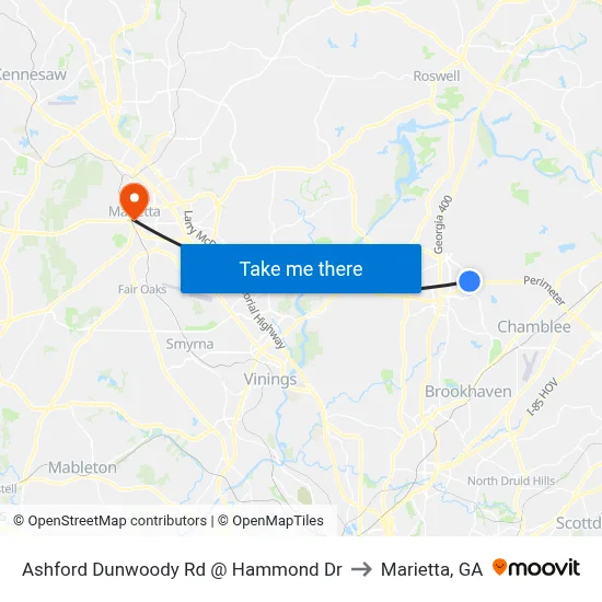 Ashford Dunwoody Rd @ Hammond Dr to Marietta, GA map