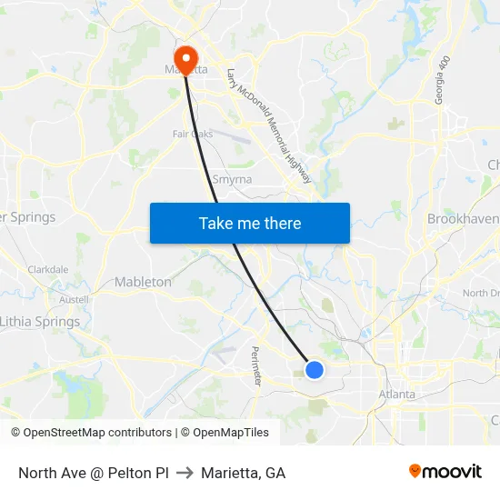 North Ave @ Pelton Pl to Marietta, GA map