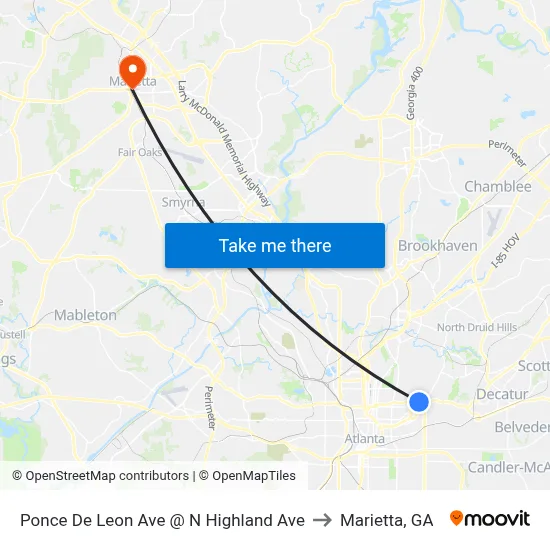 Ponce De Leon Ave @ N Highland Ave to Marietta, GA map