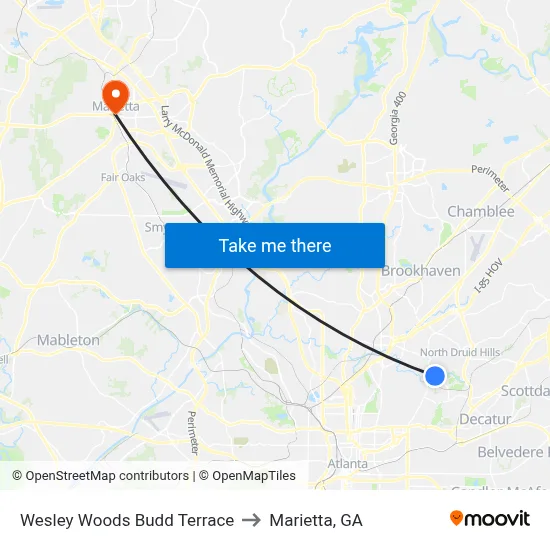 Wesley Woods Budd Terrace to Marietta, GA map