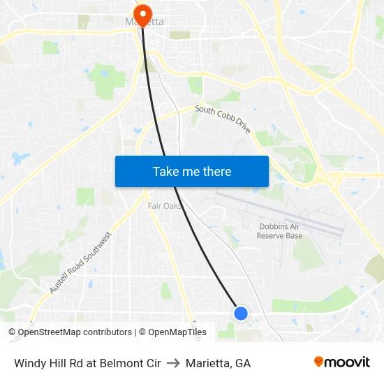 Windy Hill Rd at Belmont Cir to Marietta, GA map