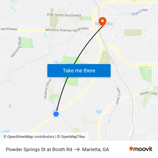 Powder Springs St at Booth Rd to Marietta, GA map