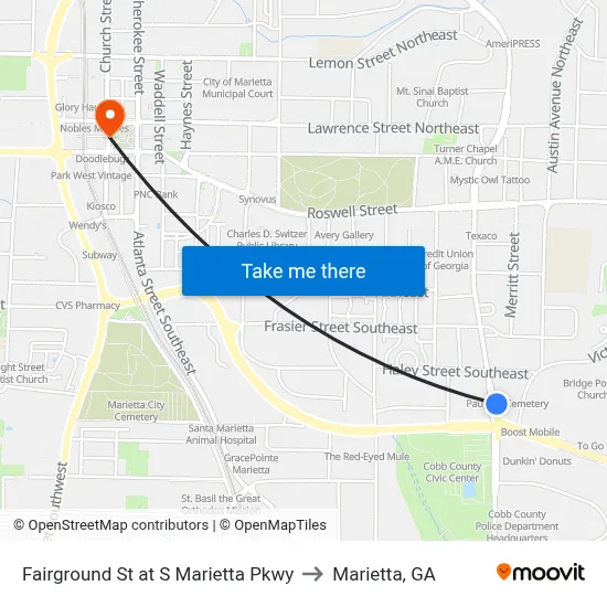 Fairground St at S Marietta Pkwy to Marietta, GA map