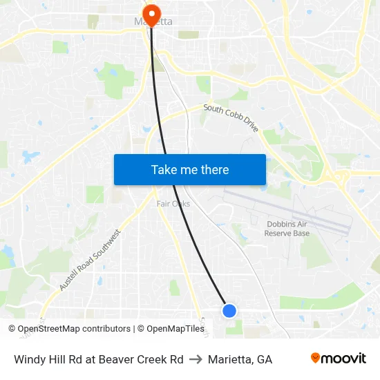 Windy Hill Rd at Beaver Creek Rd to Marietta, GA map