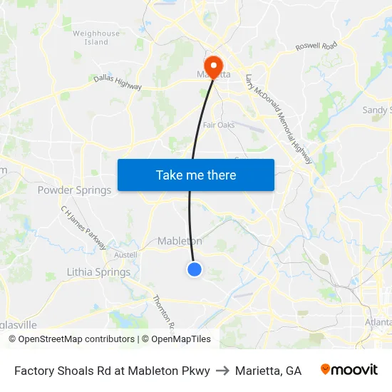 Factory Shoals Rd at Mableton Pkwy to Marietta, GA map
