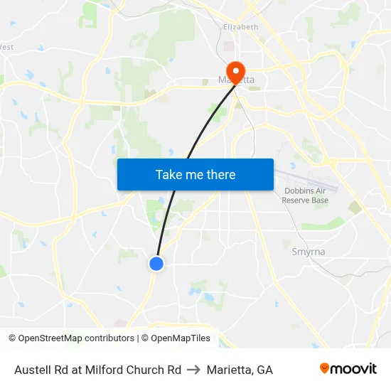 Austell Rd at Milford Church Rd to Marietta, GA map