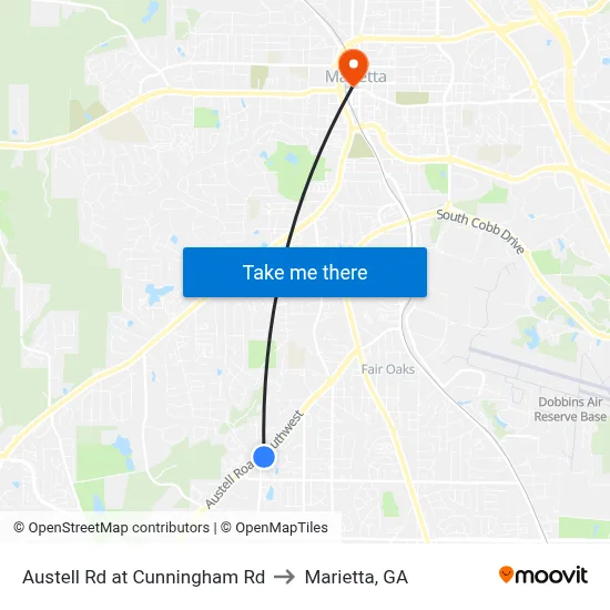 Austell Rd at Cunningham Rd to Marietta, GA map