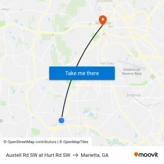 Austell Rd SW at Hurt Rd SW to Marietta, GA map