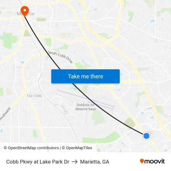 Cobb Pkwy at Lake Park Dr to Marietta, GA map