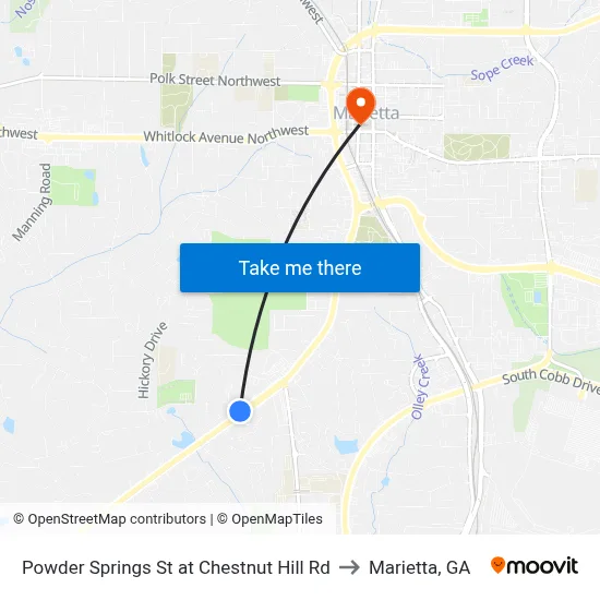 Powder Springs St at Chestnut Hill Rd to Marietta, GA map