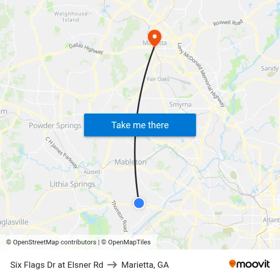 Six Flags Dr at Elsner Rd to Marietta, GA map