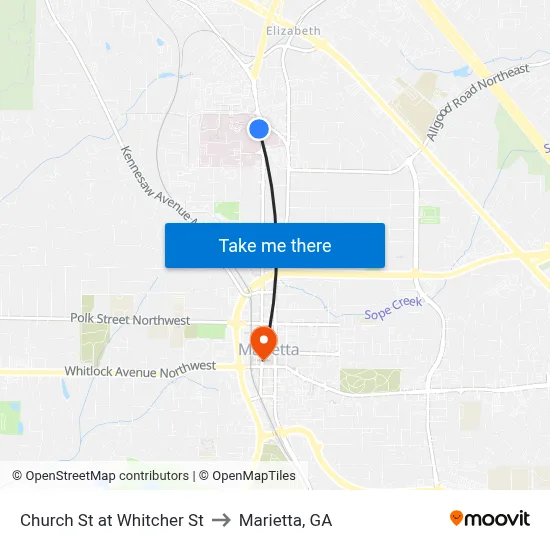 Church St at Whitcher St to Marietta, GA map