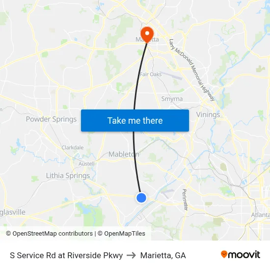 S Service Rd at Riverside Pkwy to Marietta, GA map
