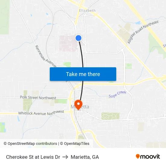 Cherokee St at Lewis Dr to Marietta, GA map