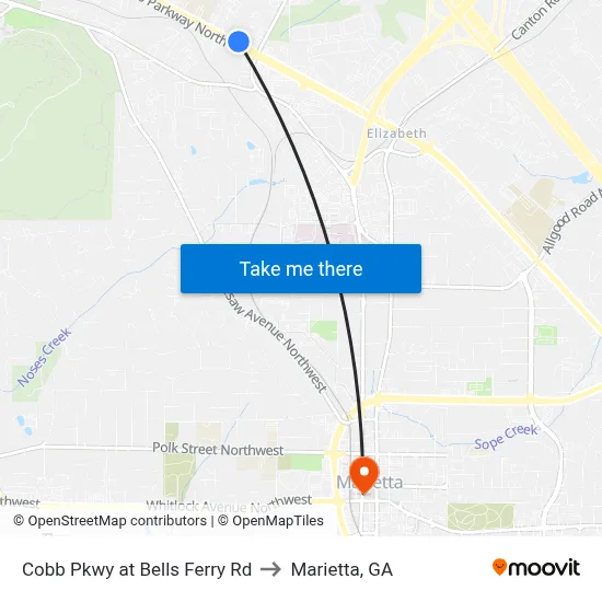 Cobb Pkwy at Bells Ferry Rd to Marietta, GA map