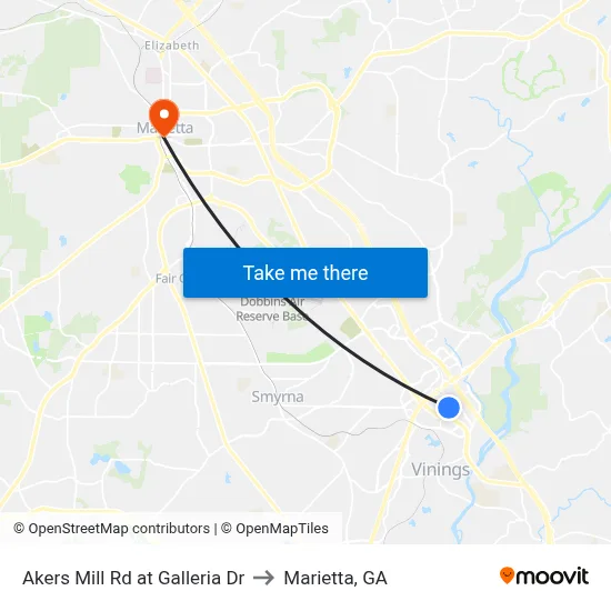 Akers Mill Rd at Galleria Dr to Marietta, GA map
