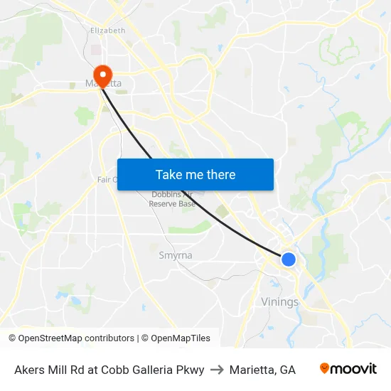 Akers Mill Rd at Cobb Galleria Pkwy to Marietta, GA map