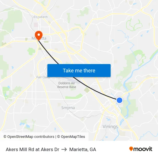 Akers Mill Rd at Akers Dr to Marietta, GA map