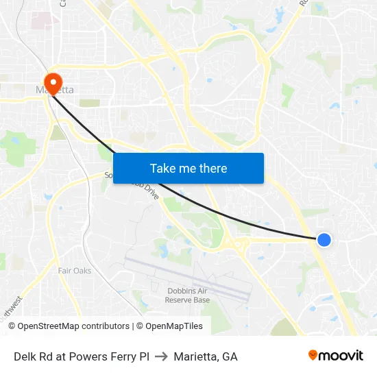 Delk Rd at Powers Ferry Pl to Marietta, GA map