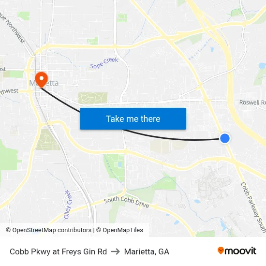 Cobb Pkwy at Freys Gin Rd to Marietta, GA map
