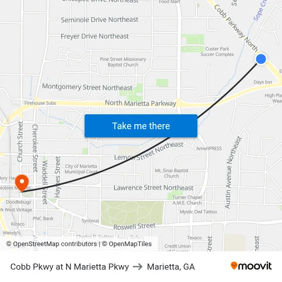 Cobb Pkwy at N Marietta Pkwy to Marietta, GA map