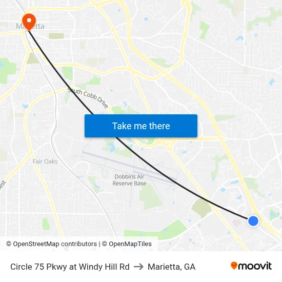 Circle 75 Pkwy at Windy Hill Rd to Marietta, GA map