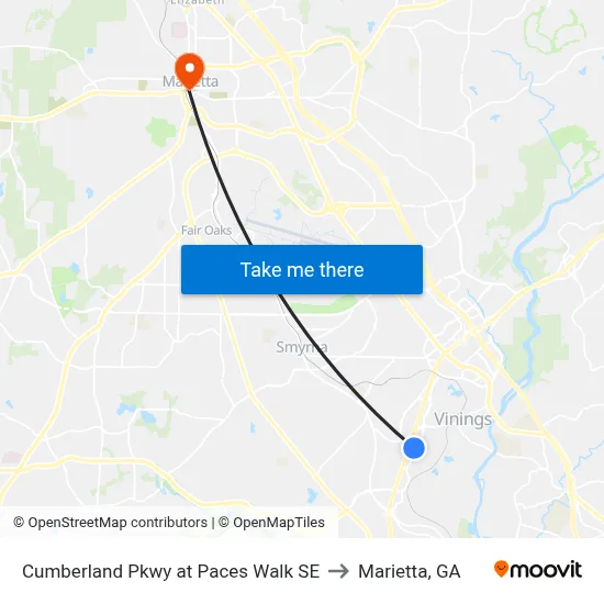 Cumberland Pkwy at Paces Walk SE to Marietta, GA map