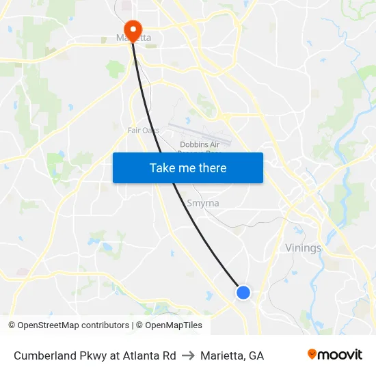 Cumberland Pkwy at Atlanta Rd to Marietta, GA map