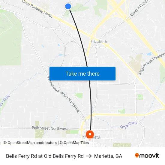 Bells Ferry Rd at Old Bells Ferry Rd to Marietta, GA map