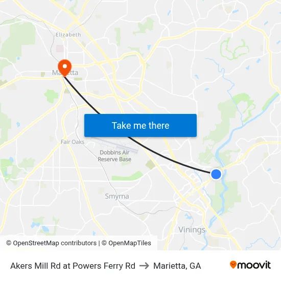 Akers Mill Rd at Powers Ferry Rd to Marietta, GA map