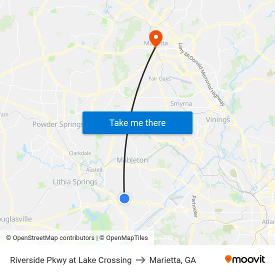 Riverside Pkwy at Lake Crossing to Marietta, GA map
