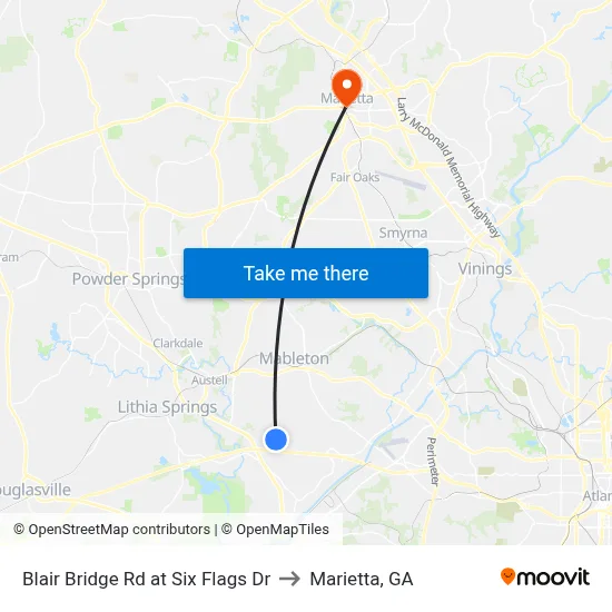 Blair Bridge Rd at Six Flags Dr to Marietta, GA map