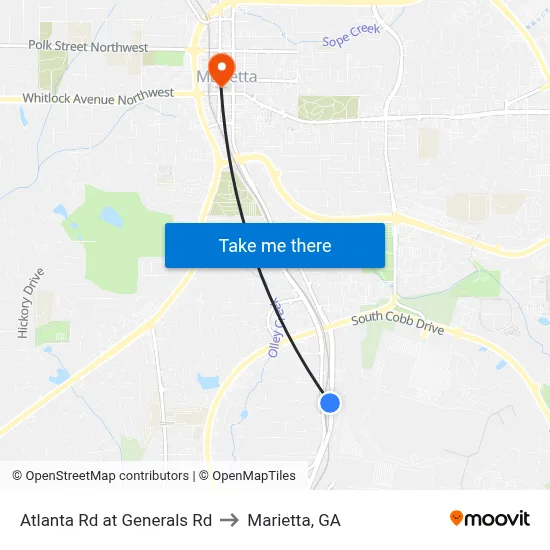 Atlanta Rd at Generals Rd to Marietta, GA map
