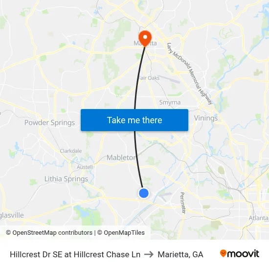 Hillcrest Dr SE at Hillcrest Chase Ln to Marietta, GA map