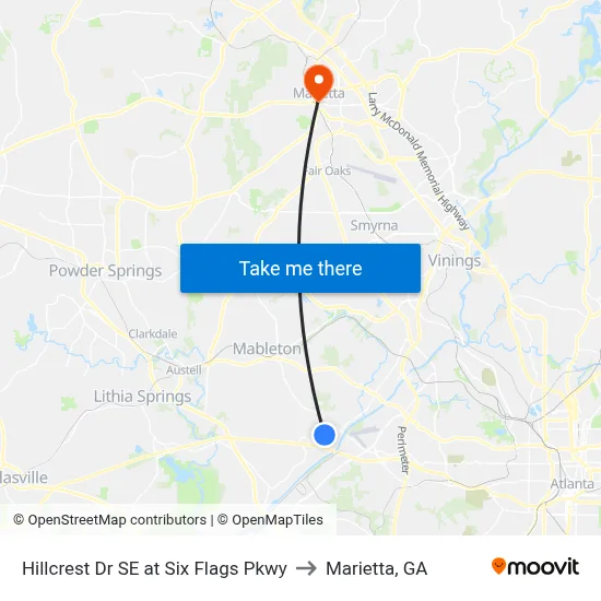 Hillcrest Dr SE at Six Flags Pkwy to Marietta, GA map