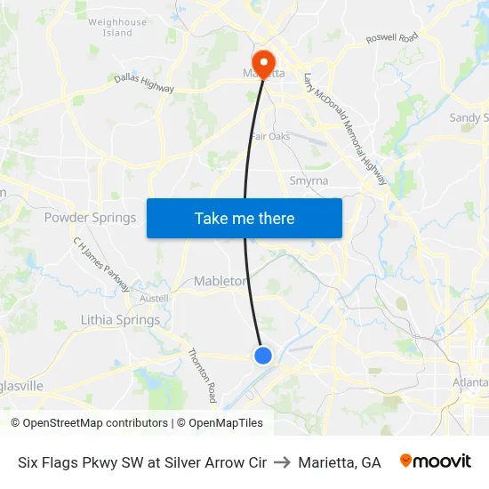 Six Flags Pkwy SW at Silver Arrow Cir to Marietta, GA map
