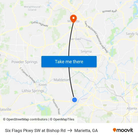 Six Flags Pkwy SW at Bishop Rd to Marietta, GA map