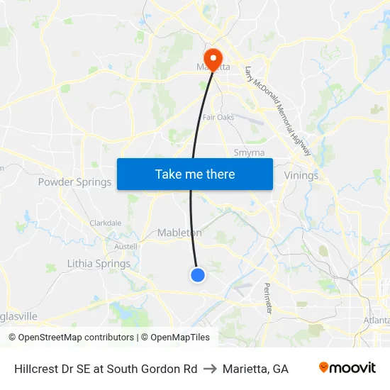 Hillcrest Dr SE at South Gordon Rd to Marietta, GA map