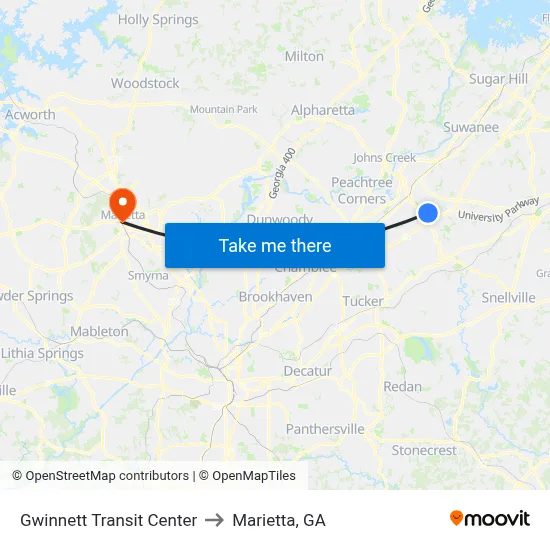 Gwinnett Transit Center to Marietta, GA map