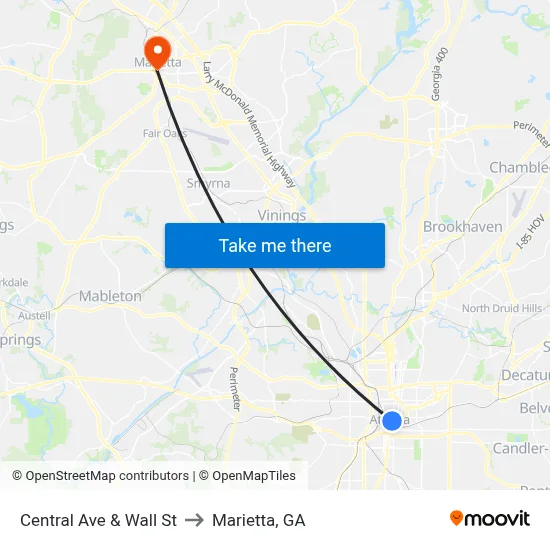 Central Ave & Wall St to Marietta, GA map