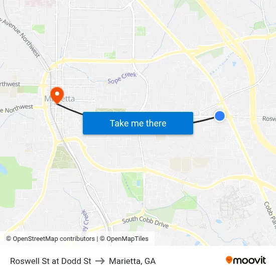 Roswell St at Dodd St to Marietta, GA map