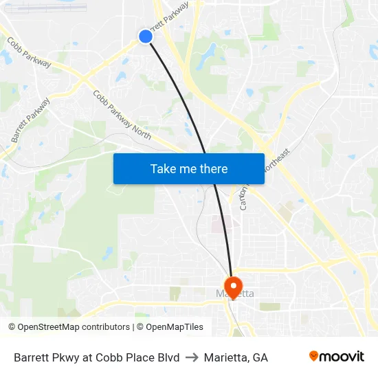 Barrett Pkwy at Cobb Place Blvd to Marietta, GA map