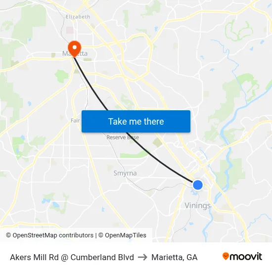 Akers Mill Rd @ Cumberland Blvd to Marietta, GA map
