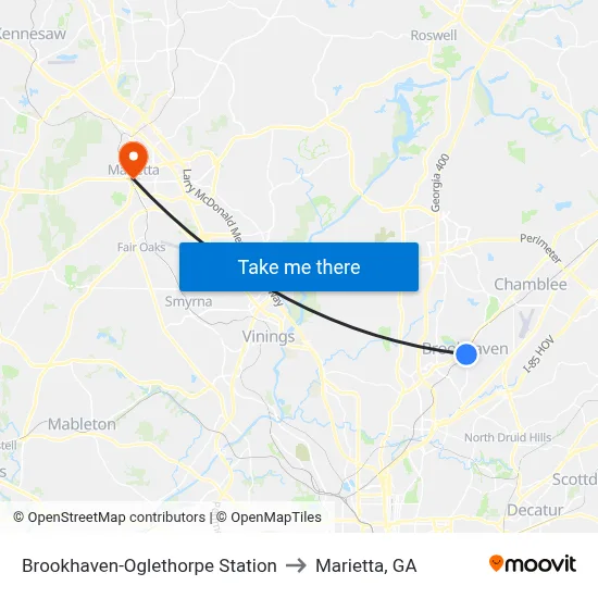 Brookhaven-Oglethorpe Station to Marietta, GA map