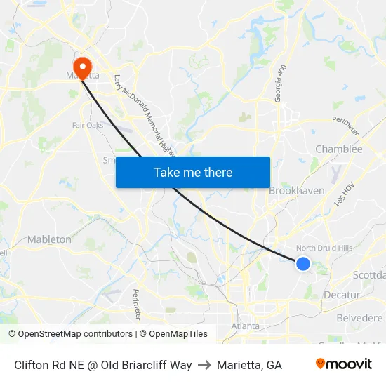 Clifton Rd NE @ Old Briarcliff Way to Marietta, GA map