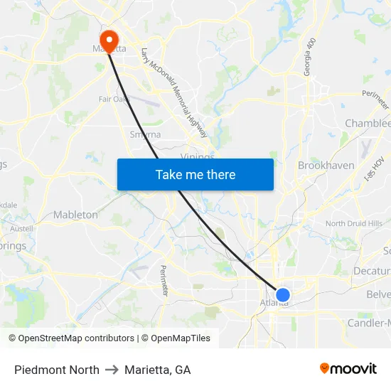 Piedmont North to Marietta, GA map