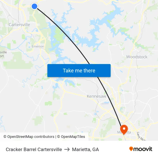 Cracker Barrel Cartersville to Marietta, GA map