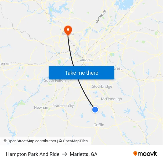 Hampton Park And Ride to Marietta, GA map