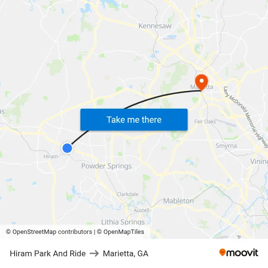 Hiram Park And Ride to Marietta, GA map